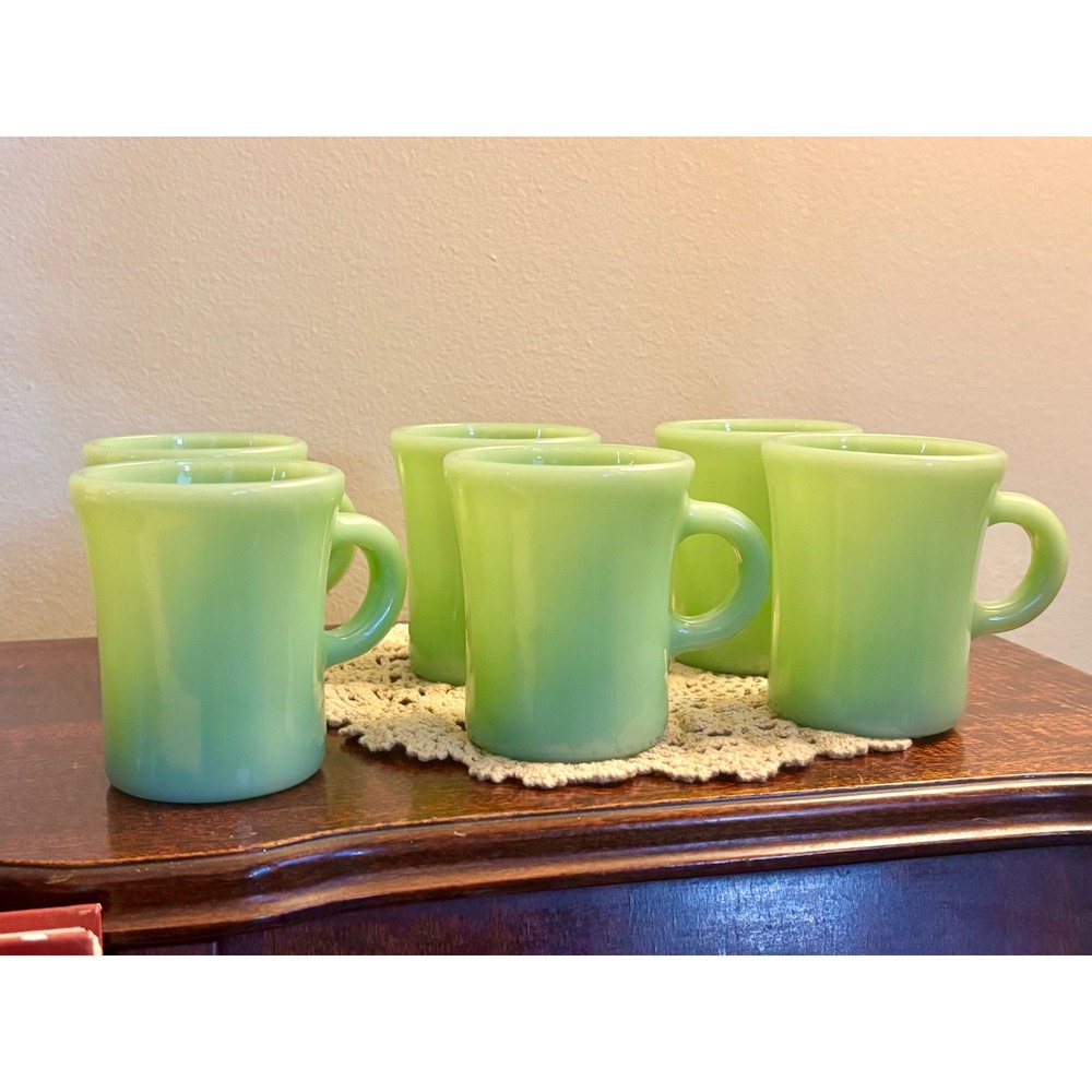 Set of 6 Vintage MCM Anchor Hocking Fire-King Jade-Ite coffee mugs green